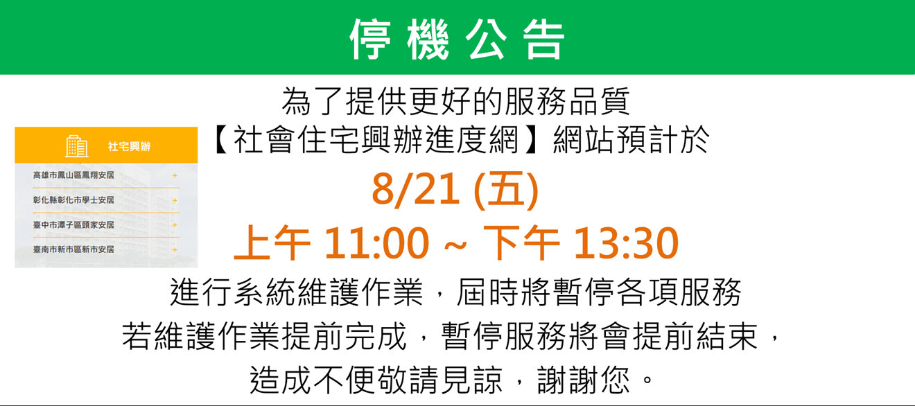 【社會住宅興辦進度網】網站停機維護公告